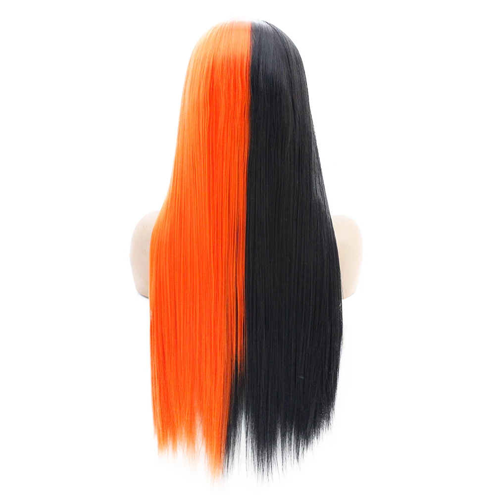 Black Orange V'NICE половина черный половина оранжевый парик на кружеве для женщин Косплей натуральный Glueless прямые синтетические парики термостойкие волосы - Цвет: Black Orange