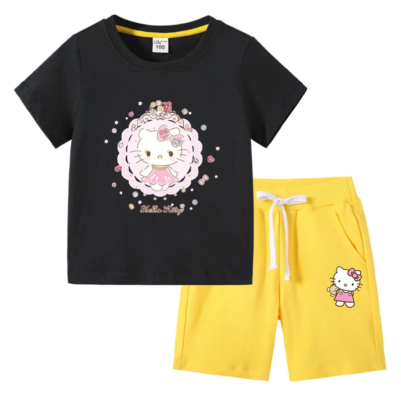 thumbnail image 1 of Hello Kitty-Camiseta de algodón con estampado de dibujos animados para niños y niñas, traje de dos piezas con pantalones de manga corta, verano, 1 of 5