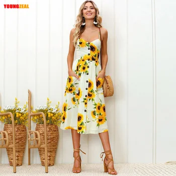 

Sexy V-Neck Backless Print Summer Holiday Beach Dress 2020 Women Bohemian Button Pockets Midi Dress Lady Casual Straps Sundress
