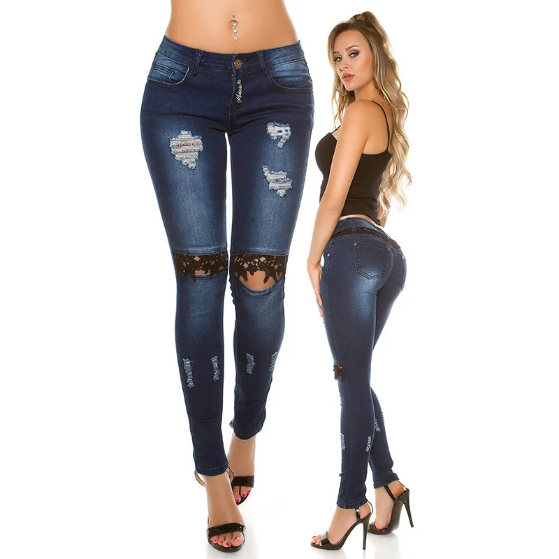Женские Модные кружевные джинсы до колена облегающие джинсы женские брюки-карандаш лоскутные брюки для женщин облегающие брюки