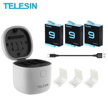 Telesin 3 pacote bateria 1750mah para gopro 9 3 slots carregador tf leitor de cartão caixa de carregamento de armazenamento para gopro hero 9 preto