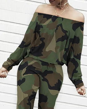 

Camouflage Printed Two Piece Sets Female Long Sleeve One Shoulder Blouse Pants Autumn Winter Women's Sets Tops CD3502