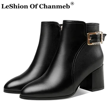 

Small Size 33-42 Handmade Shoes Female Real Cow Leather Rhinestone Buckle Ankle Boots Women Black Beige Chunky Heels Bootie Shoe