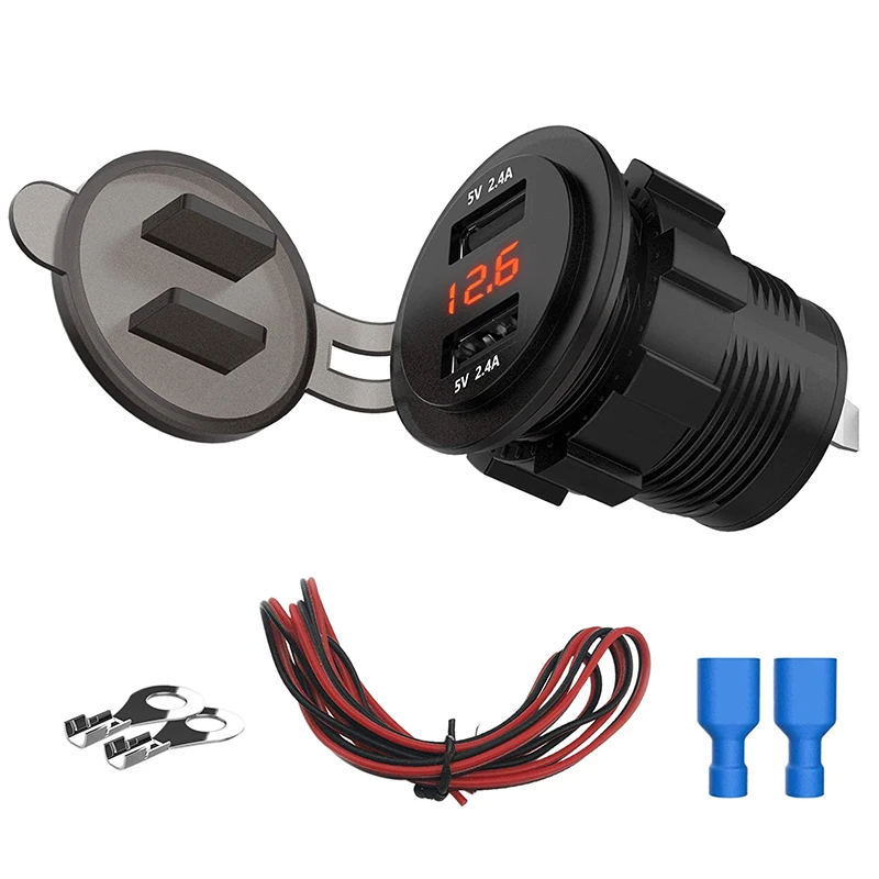 

Car Dual USB Charger Socket Waterproof Power Outlet 2.4A with 12V/24V Voltmeter LED Digital Display for Car Boat Marine Motorcyc