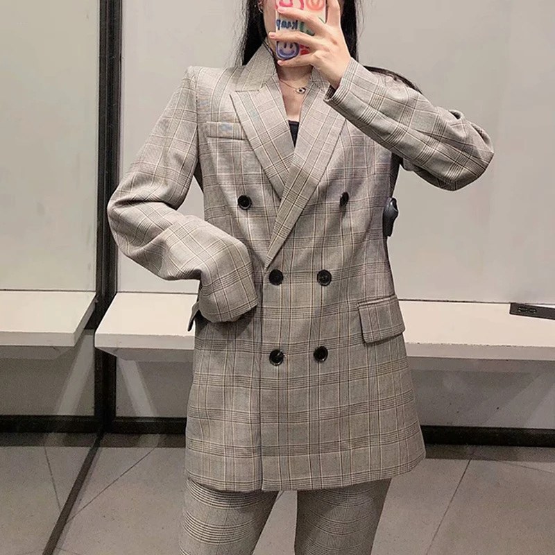 Spring Autumn Women Vintage Plaid 2 Pieces Set Elegant Office Blazer Jacket Coat+Zipper Pants Suit Female Loose Trousers Outfits