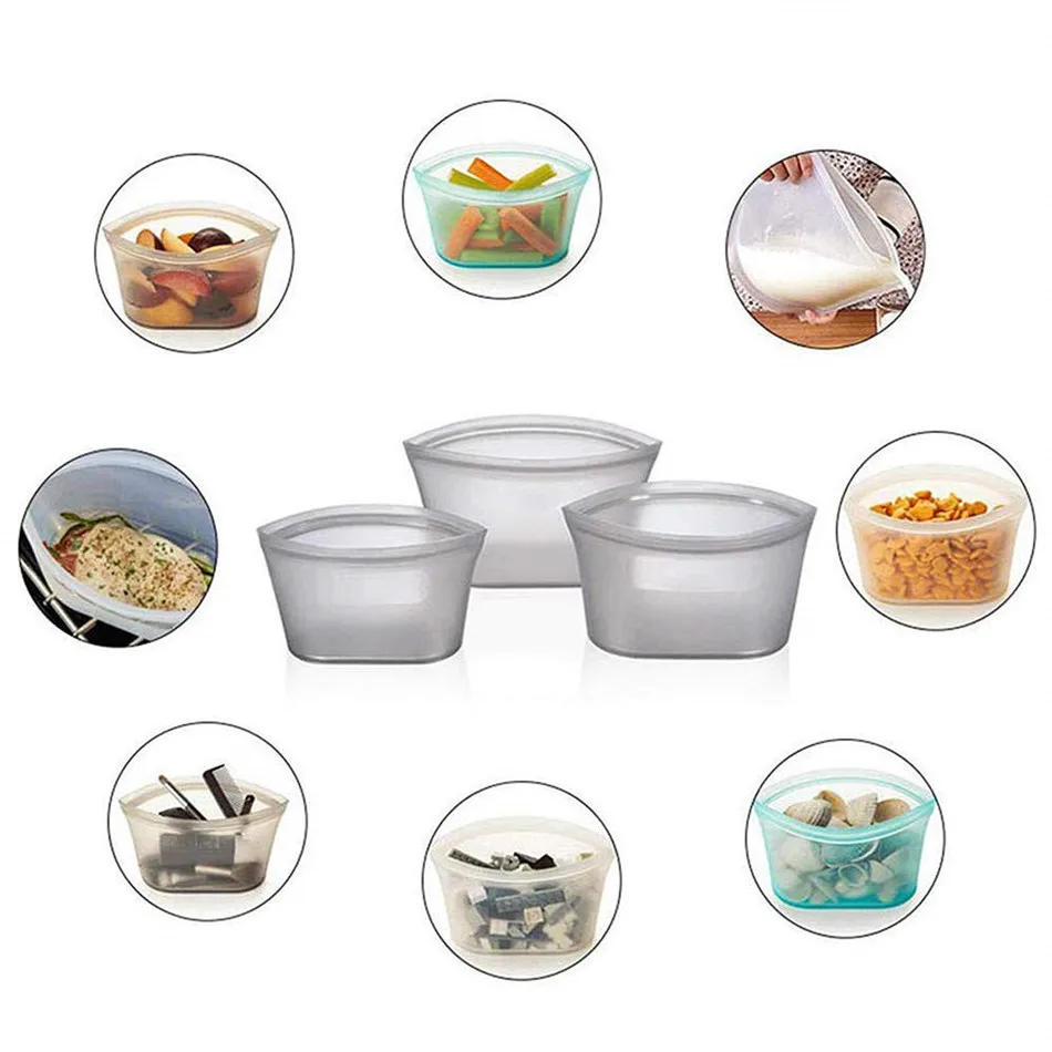 

TTLIFE 3PC Reusable Food Grade Silica Gel Food Storage Bags Zip Leakproof Container Traveling Kitchen Packing Organization Pouch