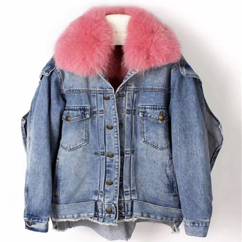 real fur coat Winter Jacket Women Coat Real fox Fur lined denim jacket Parka back letter print
