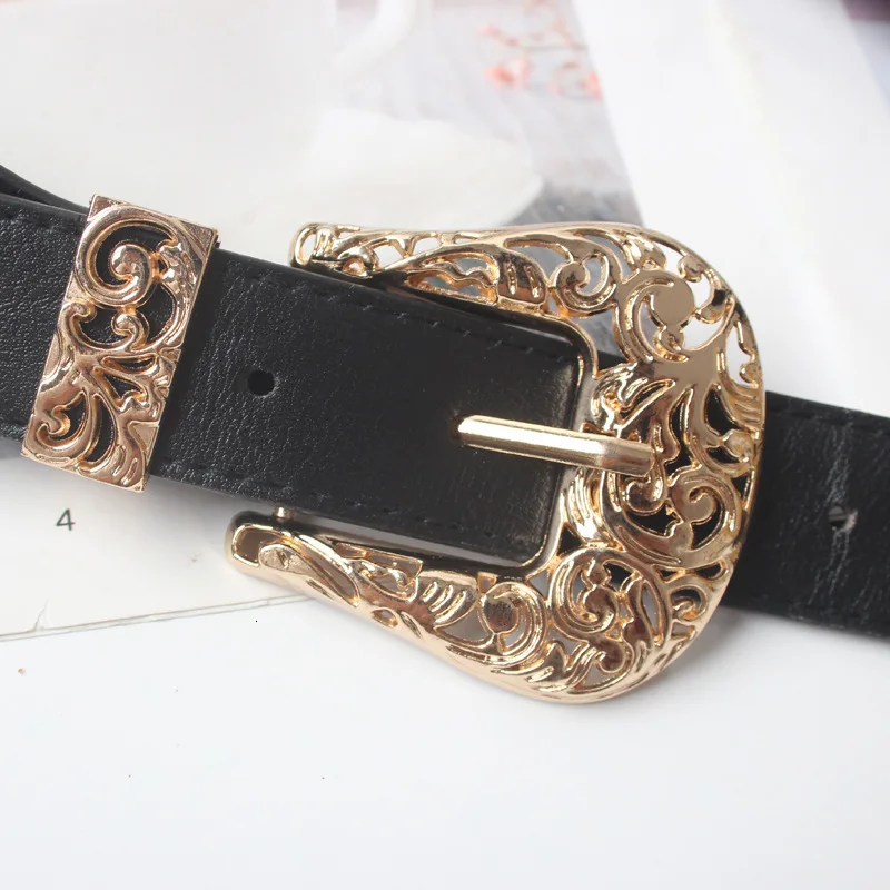 Fashion Design Waistband Solid Hollow Metal Engraved Double Buckle Leather Belt Female Vintage Causal Belt For Women ZK108