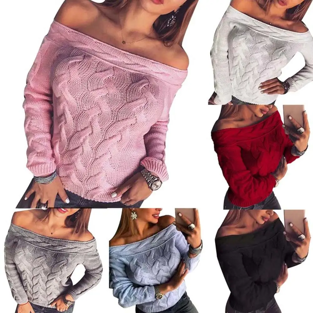 Женский осенне-зимний сексуальный однотонный вязаный свитер с открытыми плечами и длинным рукавом, джемпер, Женский пуловер, свитера