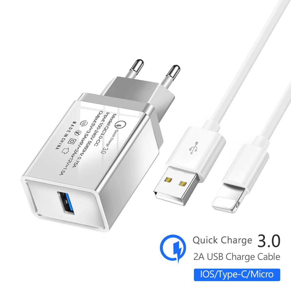 Одно зарядное устройство usb quick charge 3,0 5 V/3.5A 9 V/2A 12 V/1.5A зарядное устройство для телефона+ кабель для зарядки данных для телефонов iphone type c Micro USB