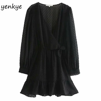 

Vintage Black Dotted Chiffon Dress Women Long Sleeve Cross V Neck Summer Short Dresses OZZ9380