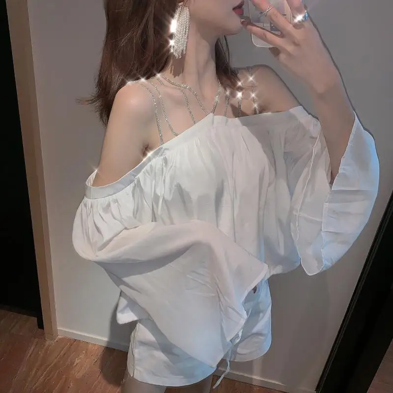  Fox Mrs. Diamond Set Sense of Design White Shirt Chiffon Blouses for Women Summer Loose-Fit Long Sl