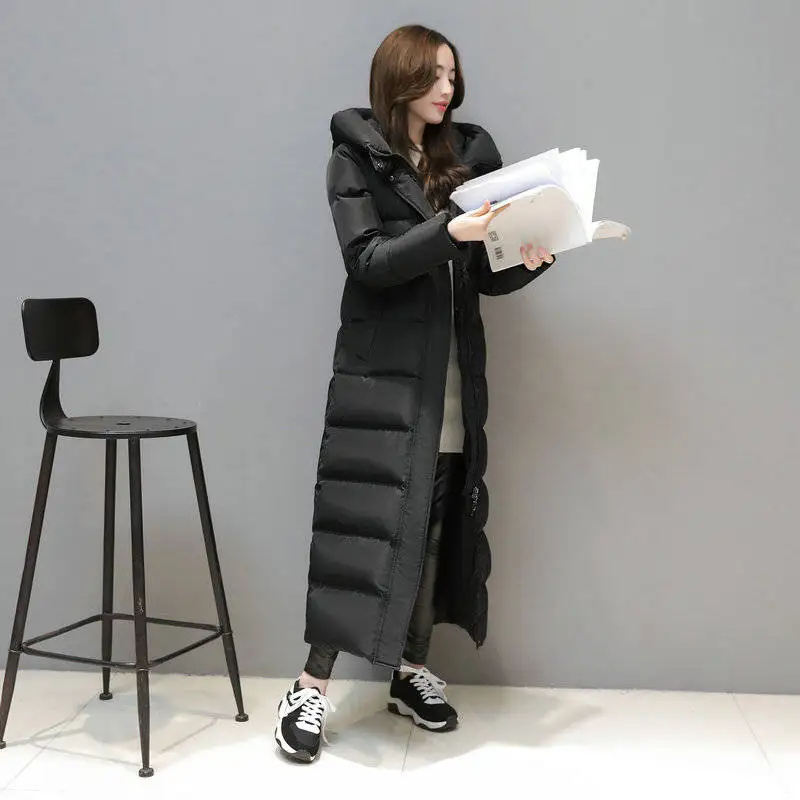 Модная супер Длинная женская куртка-пуховик, Manteau Femme Hiver, худи, белый утиный пух, зимнее пальто, женская парка, Женская куртка C5112
