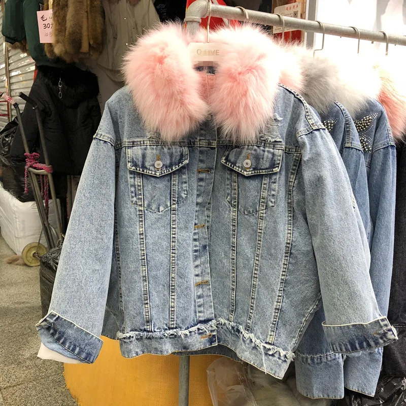 Winter Warm Denim Jacket Women New Korean Style Loose Real Fur Collar Removable Inner Thickened Pearl Bead Cotton Jean Coat