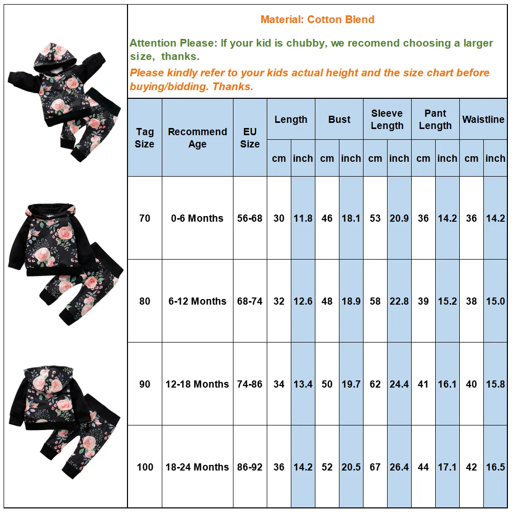 2 Pcs Autumn Floral Print Outfit Long Sleeve Hooded Top Baby Girl Fall Clothes Infant Clothing New Born Babygirl Clothes D30