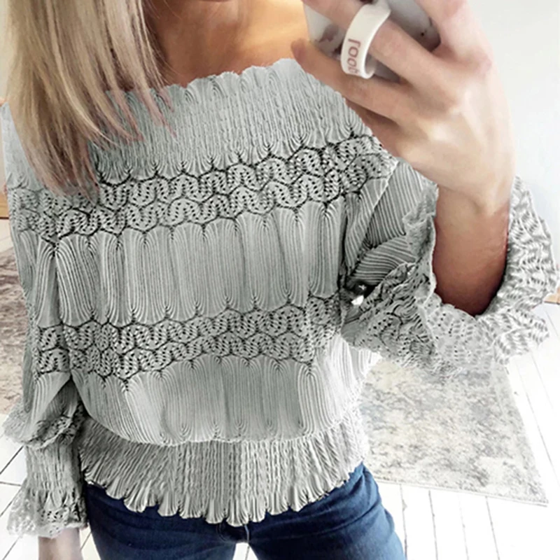  Fashion spring lace blouses women slim slash neck shirt sexy long sleeve work office tops Off Shoul