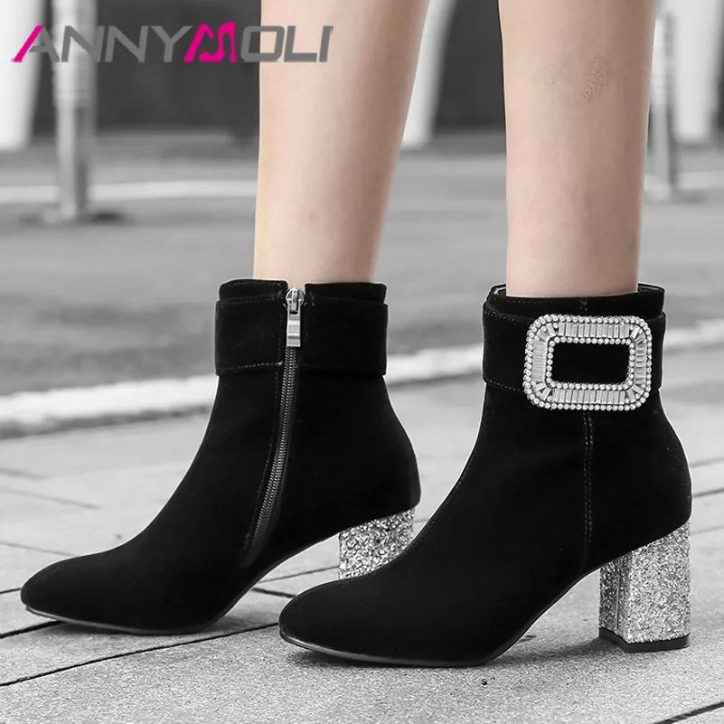 

ANNYMOLI Winter Ankle Boots Women Boots Rhinestone Thick High Heels Short Boots Zip Square Toe Shoes Lady Autumn Plus Size 33-43