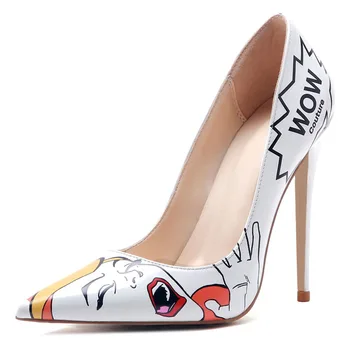 

Sexy Ladies Printing Pu Leather Pumps White Pointed Toe Women Stilettos Offical Shoes Thin High Heels Mujer Zapatos Shoes E0026