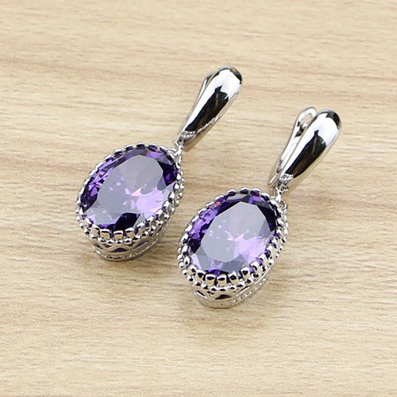 

Oval Purple Zircon Stones Dangle Earrings Silver Color Jewelry Drop Earring For Women Free Gifts Box