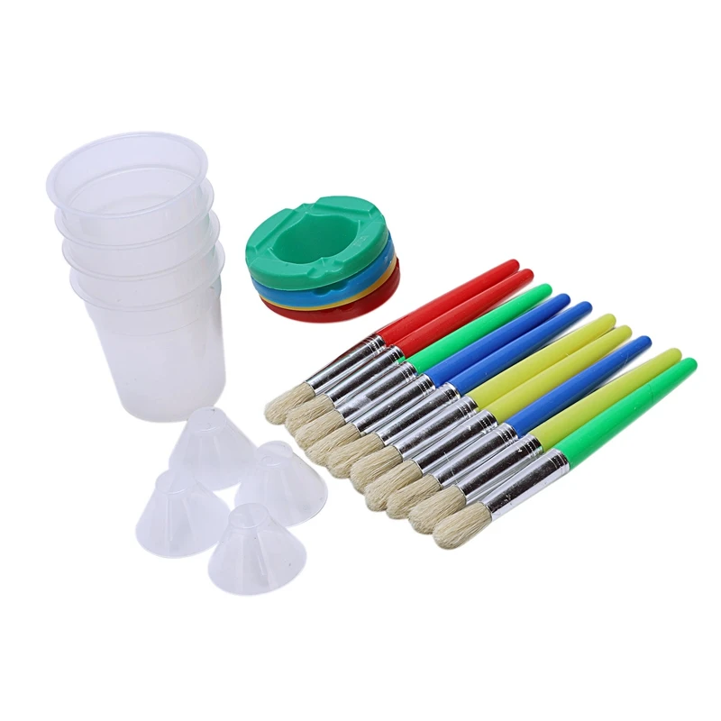 

4 Pieces Spill-Proof Paint Canisters in 4 Colors and 10-Piece Set Assorted Colors Brushes