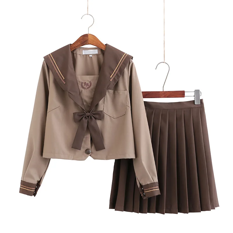 

School Dresses Japanese Jk Uniforms Khaki Brown Sailor Suit Anime Pleated Skirt Uniform Dress For High School Girls Students
