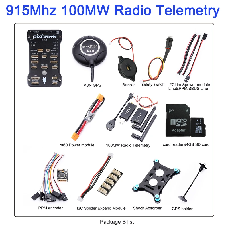Контроллер полета Pixhawk 2.4.8 PX4 PIX+ M8N gps+ xt60 силовой модуль+ 3DR 100 мВт/500 МВт радиотелеметрия 433 МГц 915 МГц+ gps Держатель - Цвет: 915Mhz 100 PackageB