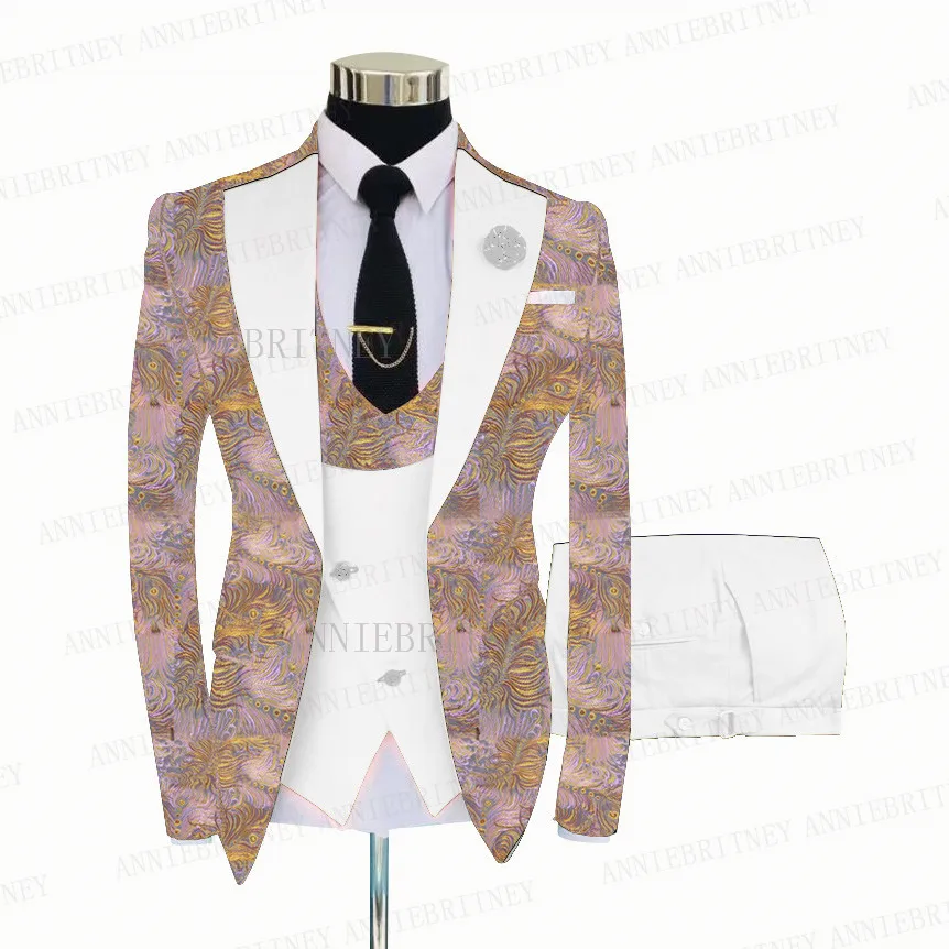 Pink Floral Printed Men Wedding Suits 3 Pieces Slim Fit Groom Shiny Jacket Prom Suit Male Double Breasted Blazer Sets
