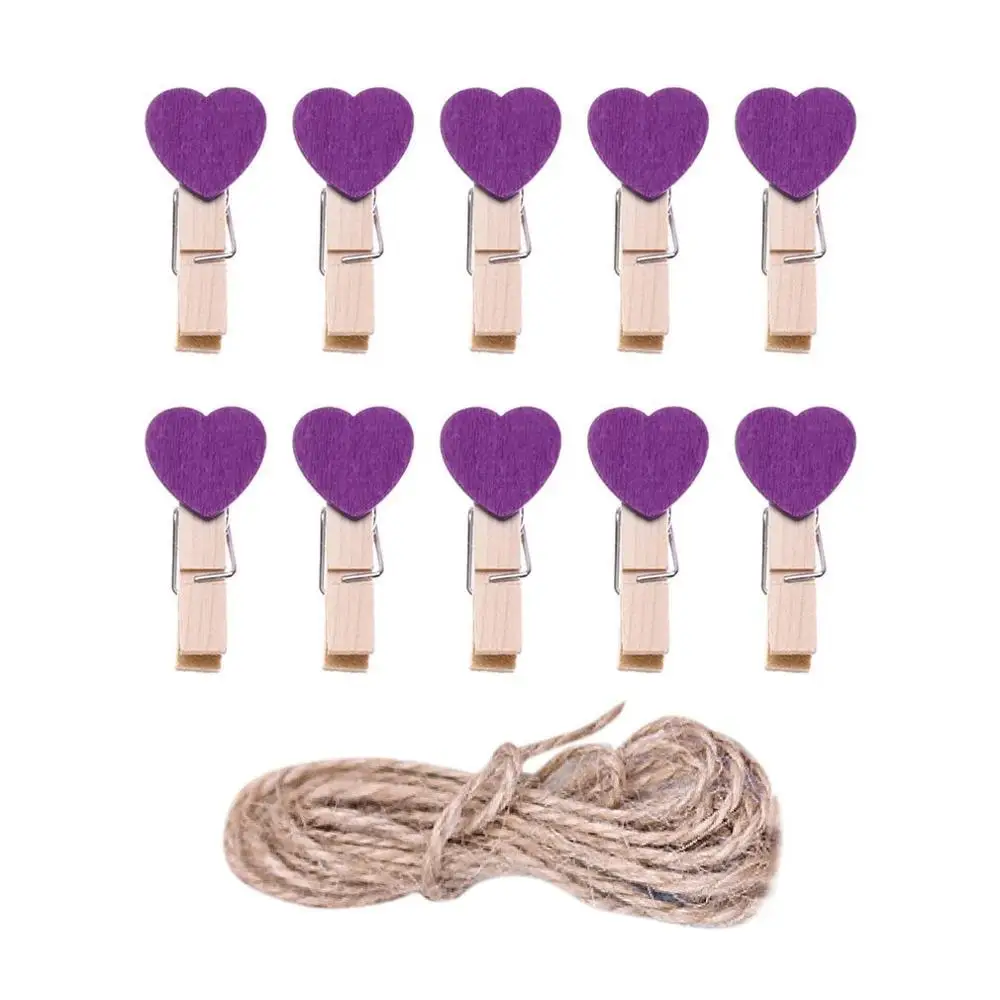10 шт цветные мини-любящее сердце деревянное канцелярские принадлежности ремесло памятки зажимы DIY Одежда бумага фото Peg украшения с 2 м пеньковая веревка - Color: Purple clip and rope