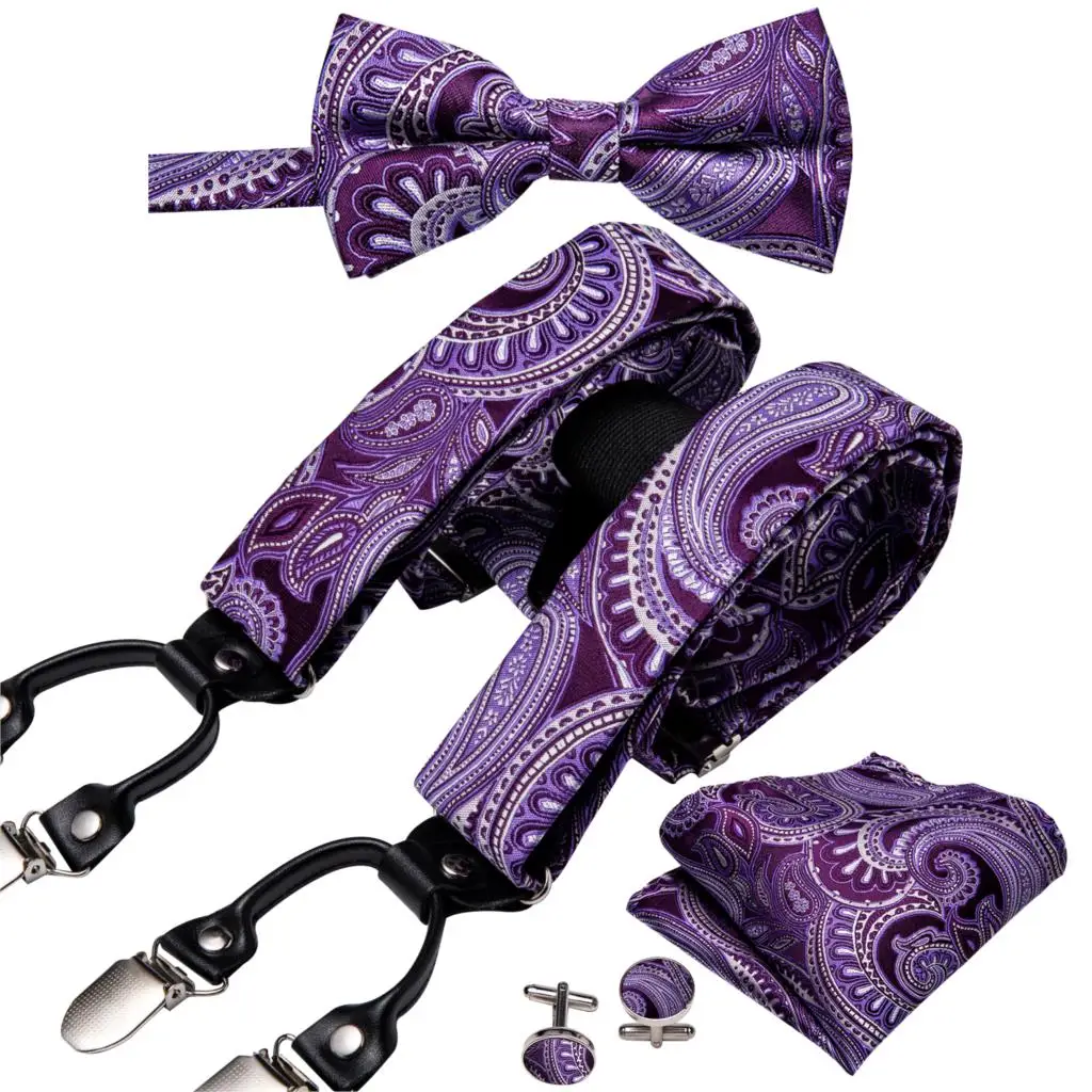 Men suspender Set Red Silk Bowtie Dinosaur Silk Tie 6 Clips Waist Belt Braces Vintage Men Elastic Wedding Suspenders Barry.Wang - Цвет: BD-2010