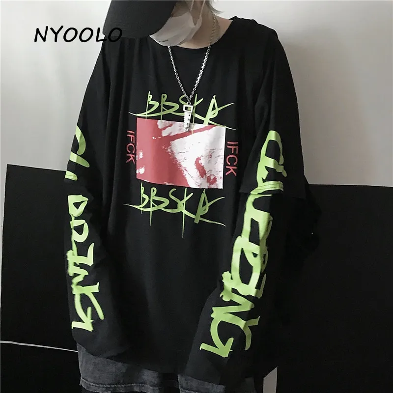 NYOOLO Harajuku Винтаж с буквенным принтом поддельные два предмета лоскутное худи Осень Свободный пуловер с длинными рукавами Толстовка для женщин и мужчин Топ - Цвет: Черный
