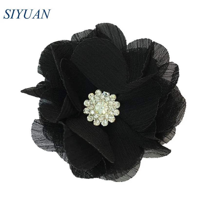 25-black 10 шт./лот, модные, 6 см, ткань, шифон, цветок, стразы, на пуговицах, для детей, прекрасный цветок, шпилька, сделай сам, головной убор TH301 - Цвет: 25-black
