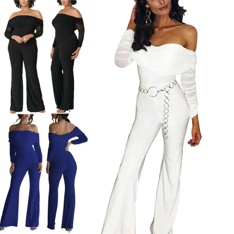 

Womens Jumpsuit Off Shoulder Long Sleeve Romper Female Wide Leg Playsuit Fashion Ladies Jumpsuits Romper Trousers Plus Size