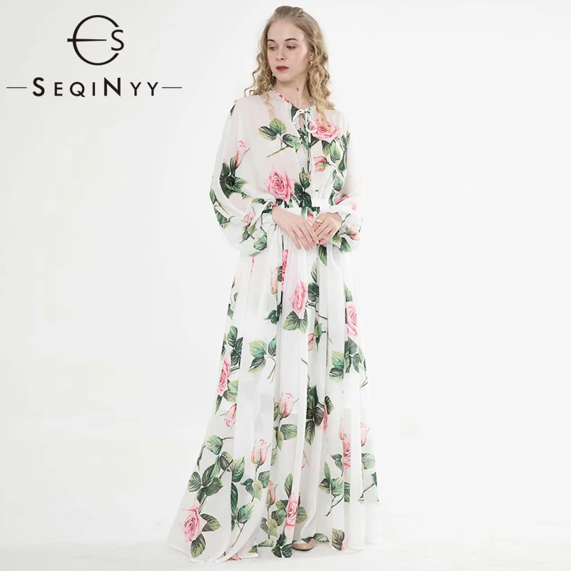 Женское шифоновое платье SEQINYY Элегантное Длинное белое с длинным рукавом и