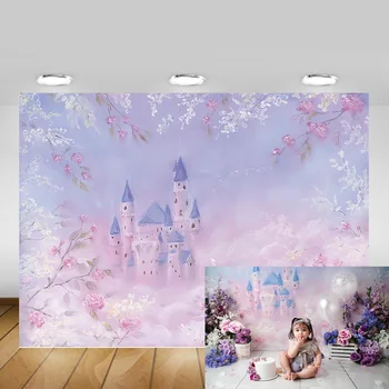 

Pink Floral Castle Girl Birthday Artistic Backdrop Photocall Fairy Tale Abstract Flowers Newborn Baby Background Photo Shoot