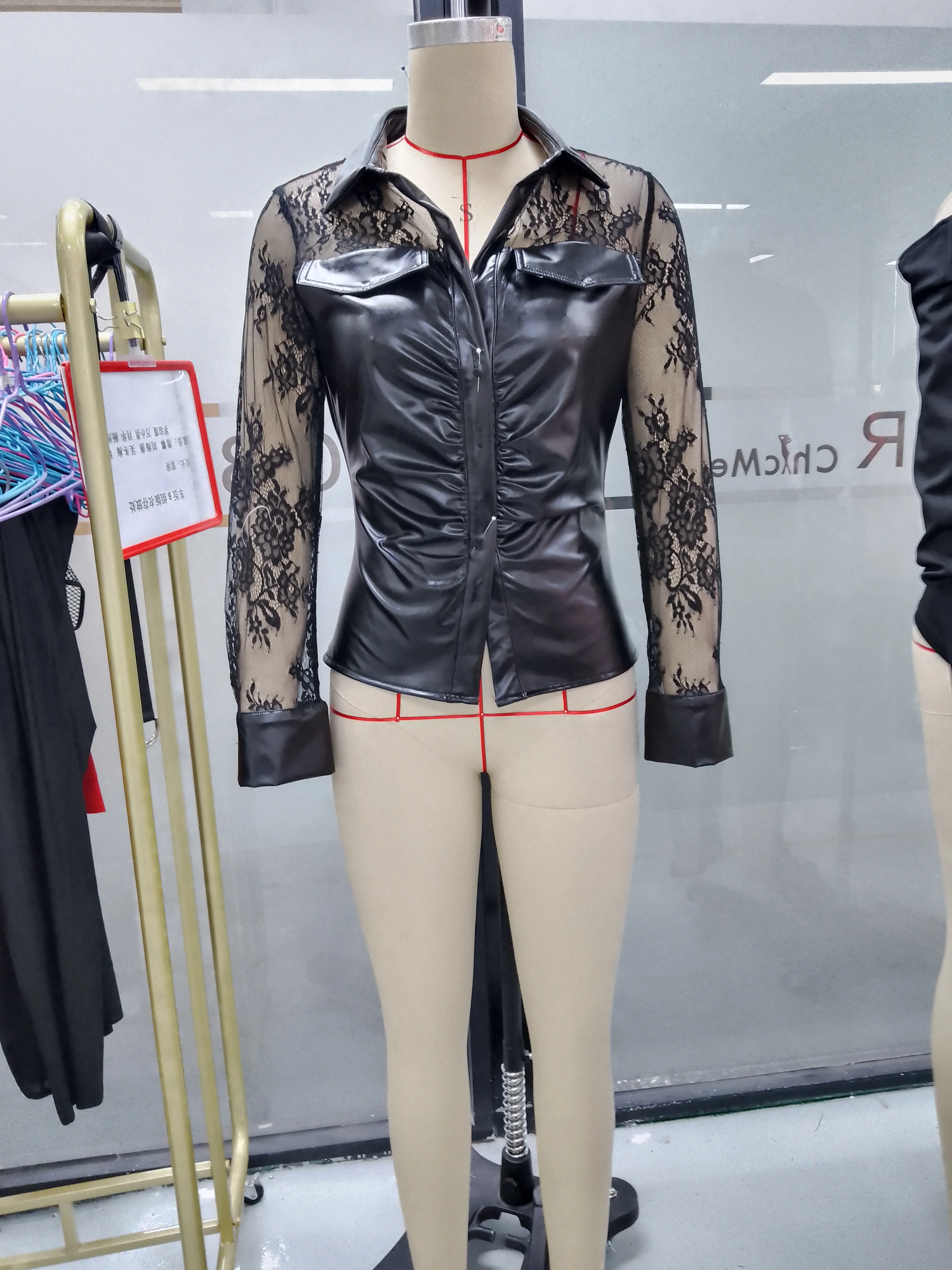 Buttoned Long Sleeve Mock Neck Skinny Blouse Office Lady Outfits Contrast Lace PU Leather Button Down Shirt