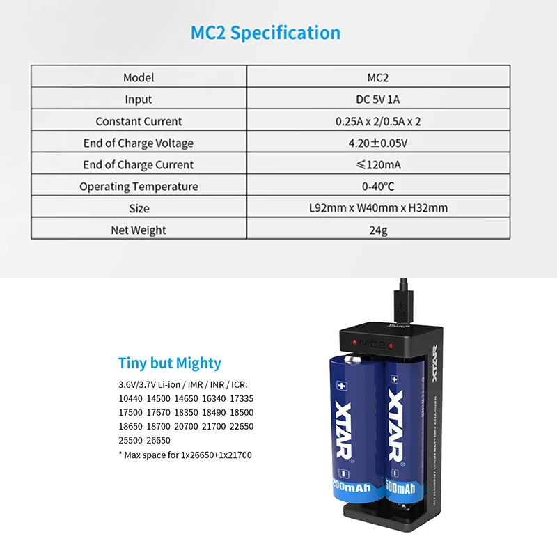 Зарядное устройство USB XTAR MC2 зарядное IMR INR 3 7 в 6 В литий ионный аккумулятор 10440 26650