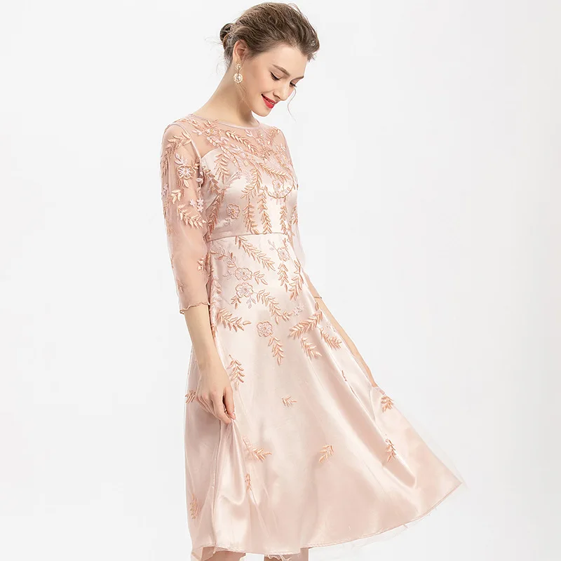 

spring 2020 new Embroidery office lady Beaded mesh dress Large size Summer sexy Clothing party Women Vintage Womanliness dresses