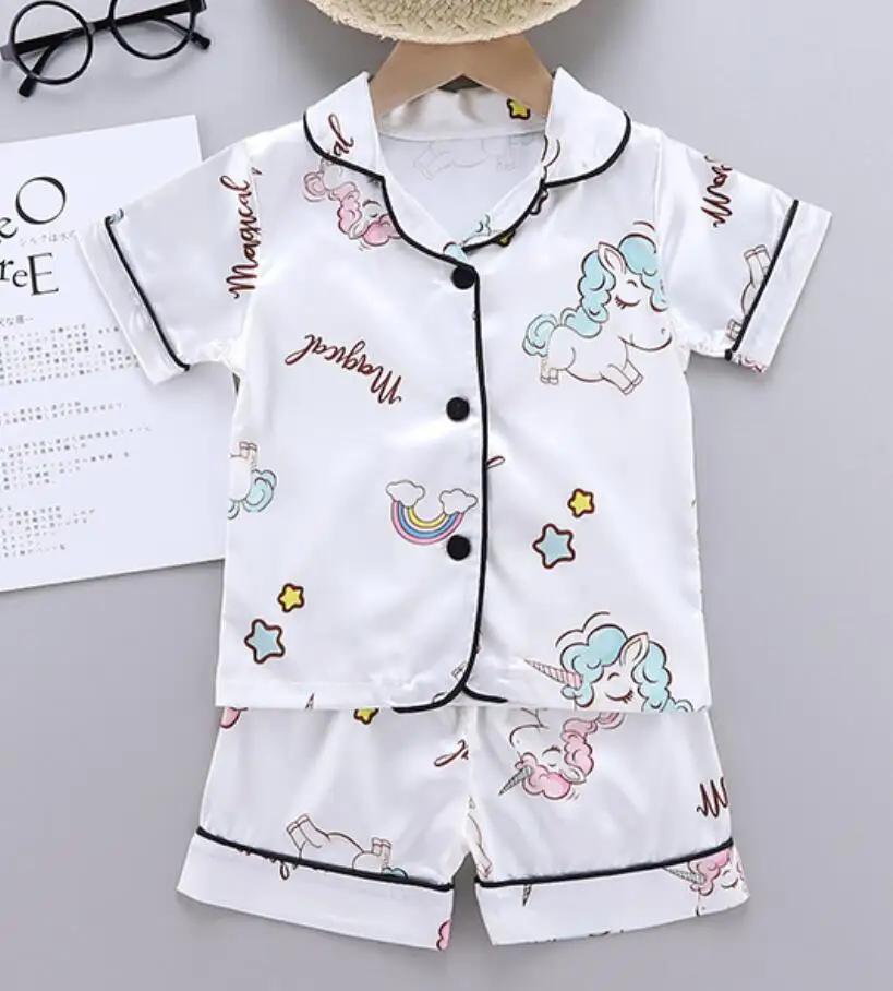 Children's Pajamas Set Summer Baby Suit Kids Clothes Toddler Boys Girls Lce Silk Satin Cartoon Printing Tops Pants 2pc Home Wear children's robe and slipper set Sleepwear & Robes