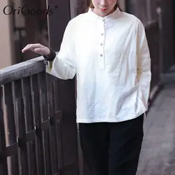 Твердые Хлопок белье Для женщин блузка рубашка Большие размеры свободные Повседневное летние рубашки белого и синего цвета черный