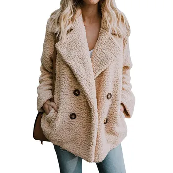 

Women Winter Plush Jacket Single-breasted Button Lapels Pocket Coats Parkas Fashion Warm Thick Jackets Cute Outwear 2019 New