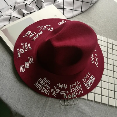 Fedora hat piercing graffiti letters woolen hat Korean style tide men and women wide brim top hat British jazz hat hip hop winte straw fedora hat