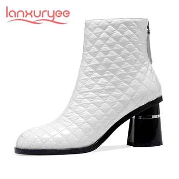 

Lanxuryee 2020 new arrival big size natural leather round toe high heel simple style winter shoes classic color ankle boots L6f6