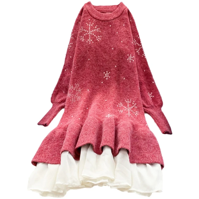 

2021 New Arrivals Women's long Dress Spring Autumn Female Knitted Dresses Lady Bottoming Print Lace Christmas Clothes