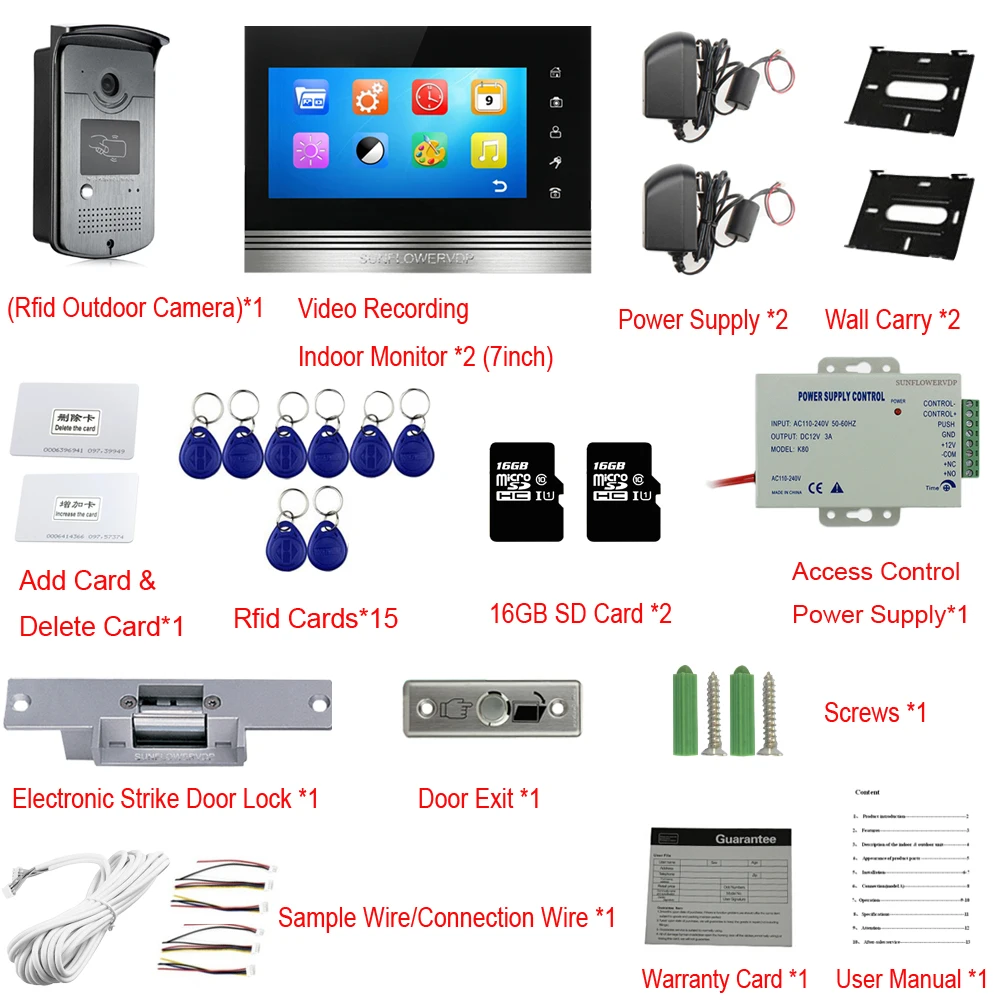 16GB SD Card Video Recording Video Intercom 7" Color Monitor Video Door Phone Rfid Waterproof Camera+ Electric Door Lock 1V2