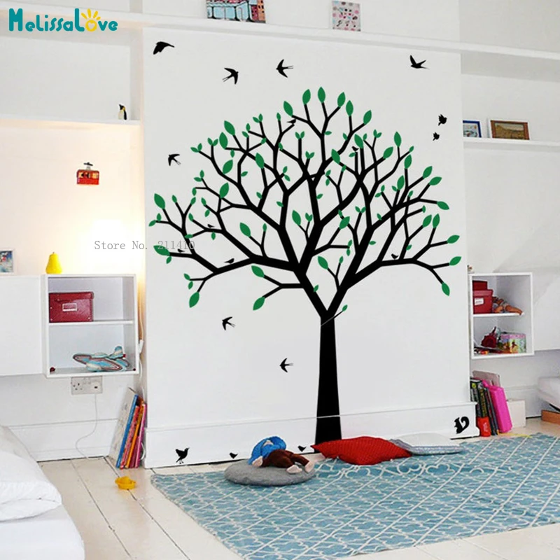 

Spring Tree Wall Stickers Kids Nursery Straight Branches Stylized Birds And Squirrels Removable New Design Decals YT6597