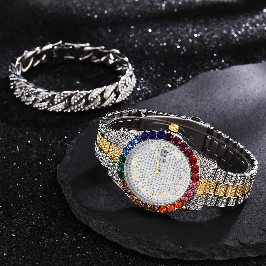 2pcs/set Watch Bracelet for Women Cuban Chain Bracelet Iced Out Watch for Women Luxury Colourful Jewelry Set Relojes Para Mujer