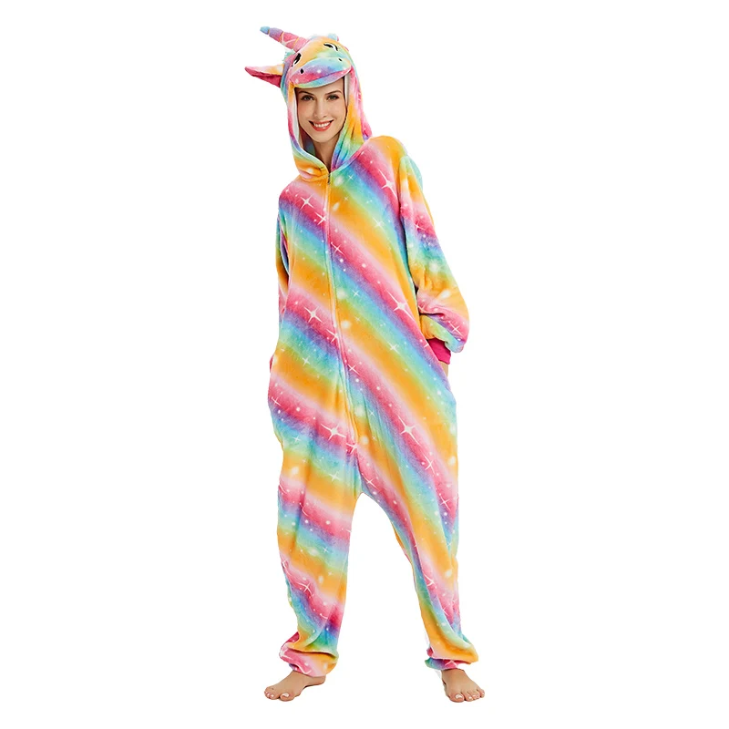Пижама с единорогом для взрослых, с рисунком животных, кигуруми, для женщин и мужчин, зимняя унисекс из фланели, стежка, пижамы, unicornio Panda, одежда для сна кингуруми пижама женская - Цвет: Colorful gold