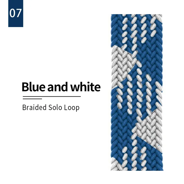 Braided Solo Loop strap for Apple watch band 44mm 40mm Elastic Wristband Bracelet on iwatch Se Series 7 6543 42mm 38mm 41mm 45mm 7 Blue white