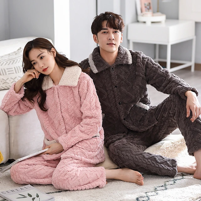 Ｗinter Thick Warm Couple Flannel Pajamas Set Long Sleeve Turn-down Collar  Loose Soft M-3XL Lovers Coral Fleece Pijamas - AliExpress