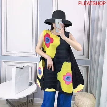 

MIYAKE Pleats Women's Loose and Plus-sized Vest 2020 Summer New Style Atmosphere Printed Sleeveless Vests